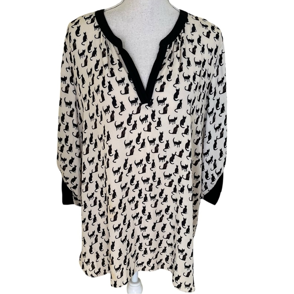 Dorothy Perkins Black/Cream Cat Print Split Neck Chiffon Blouse 14